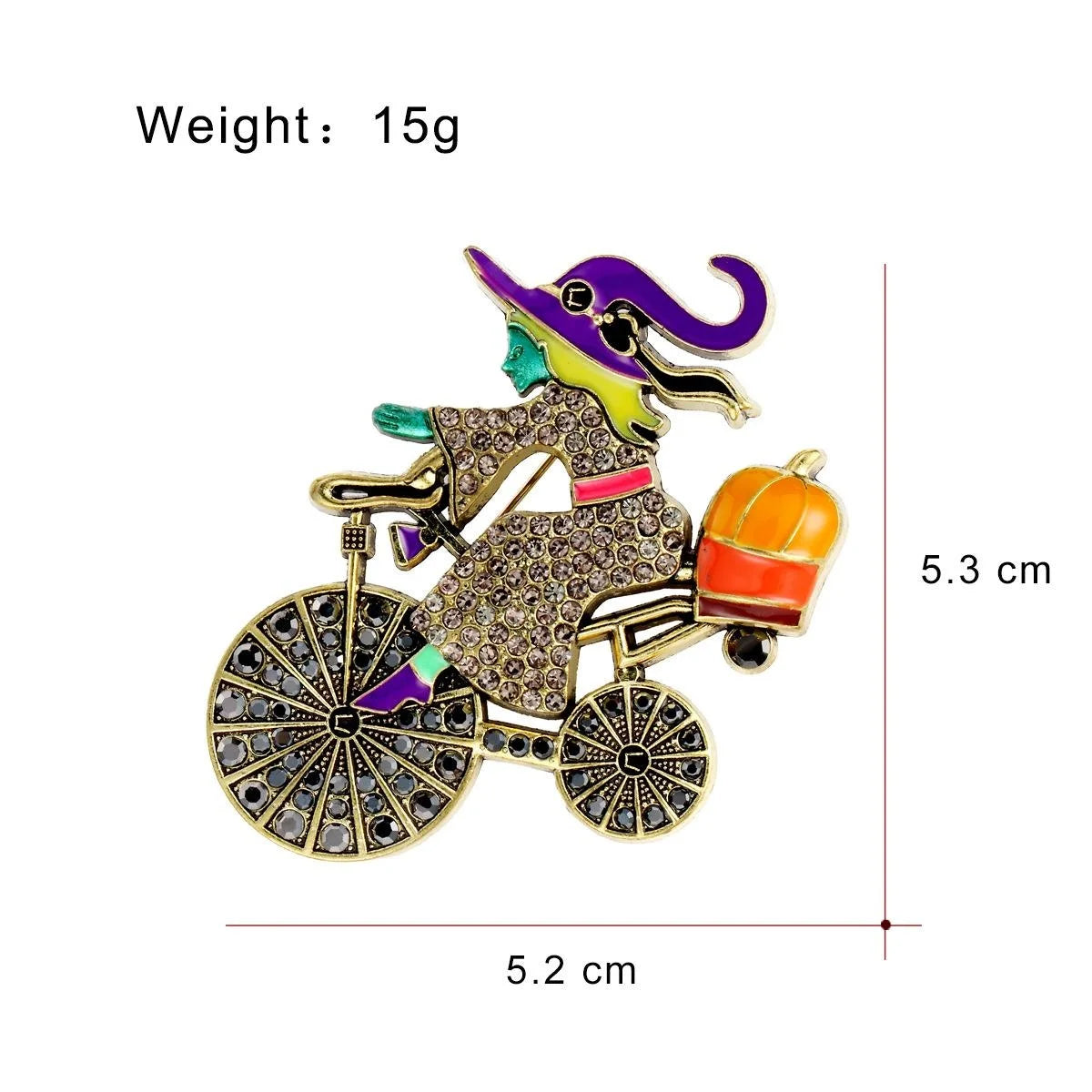 Cute Halloween Witch Riding Bicycle Pumpkin Enamel Rhinestone Alloy Brooch Lapel Pin Gift Accessory