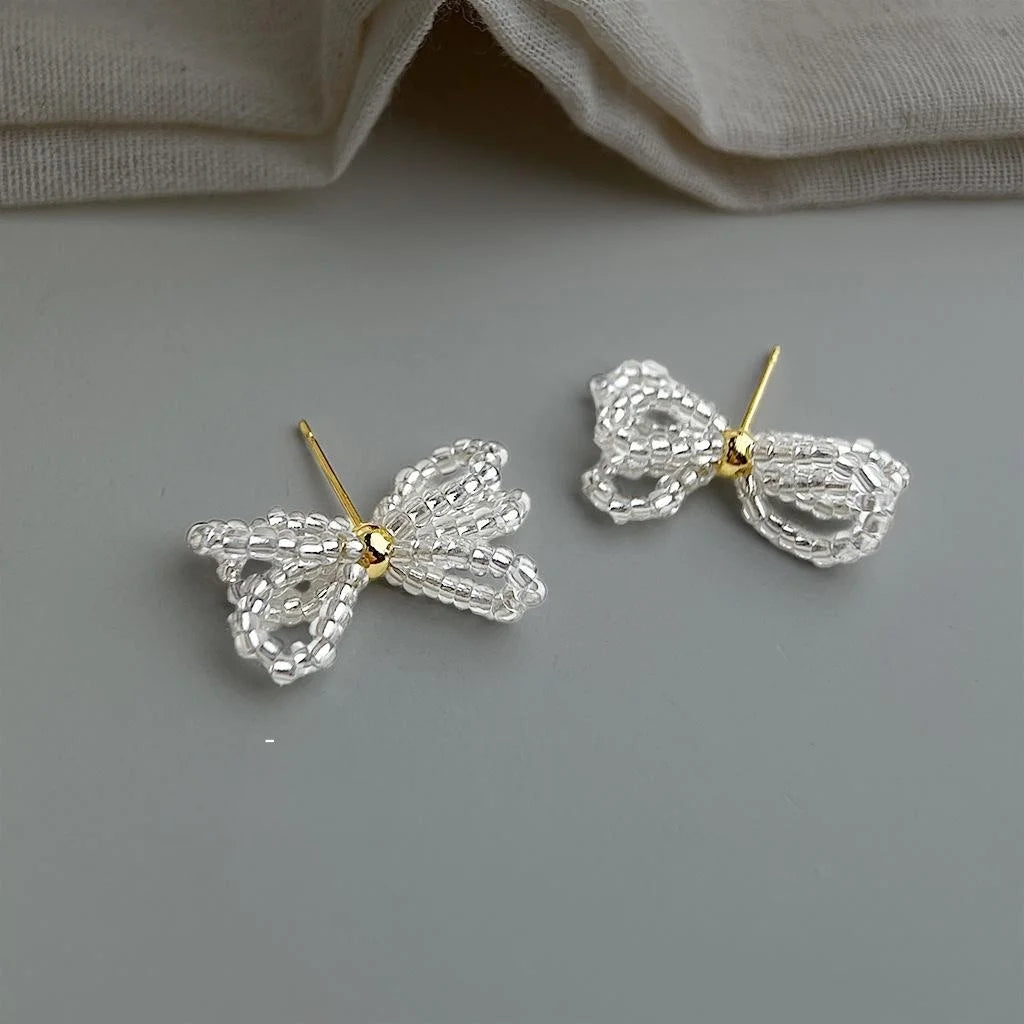 Handwoven Glass Glaze Bow Stud Earrings Sweet Fairy Vacation Style Jewelry
