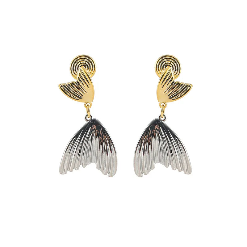 Elegant Two Tone Alloy Spiral Fish Tail Drop Stud & Clip On No Piercing Minimalist Statement Earrings
