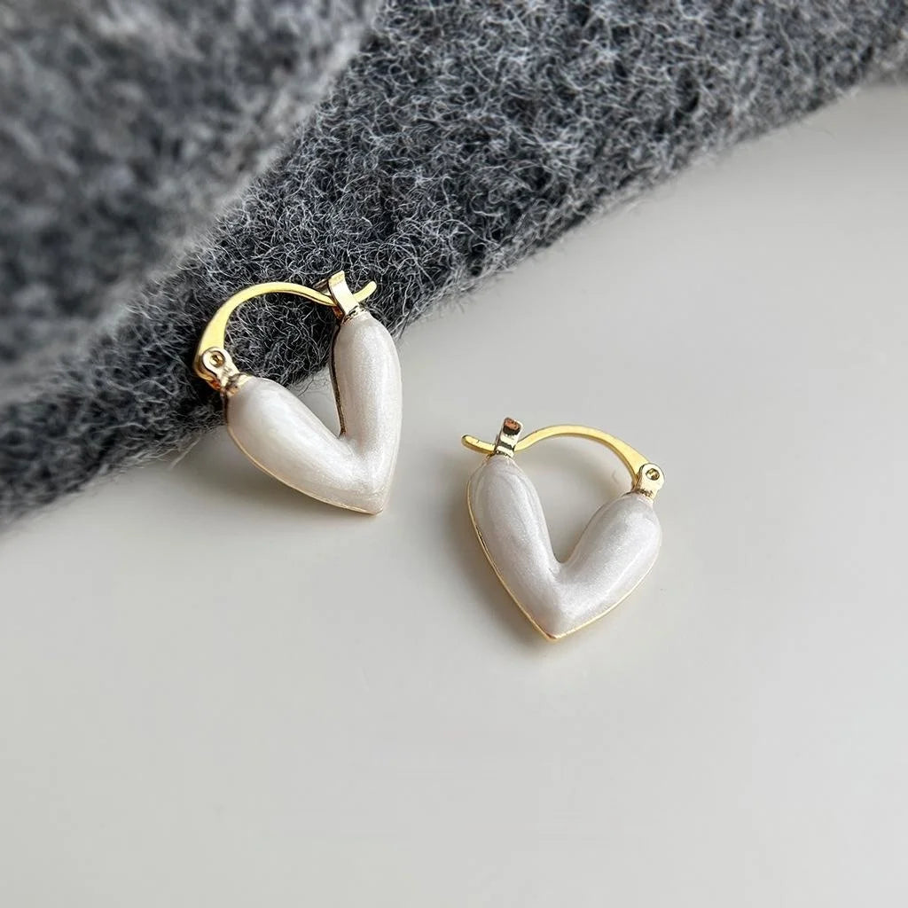 French Elegant White Heart Drop Earrings, Copper Minimalist Small Daily Jewelry