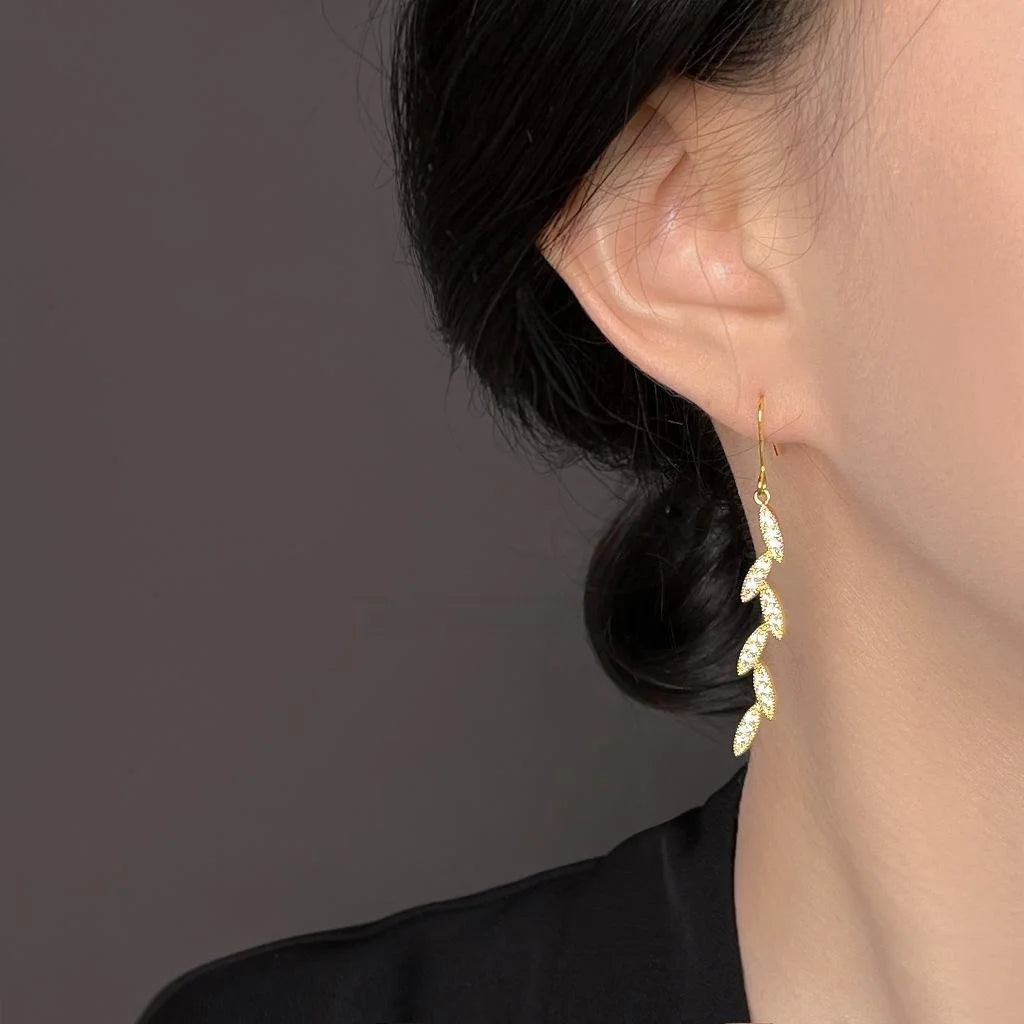 Light Luxury Copper Zircon Leaf Wheat Tassel Drop Earrings For Women