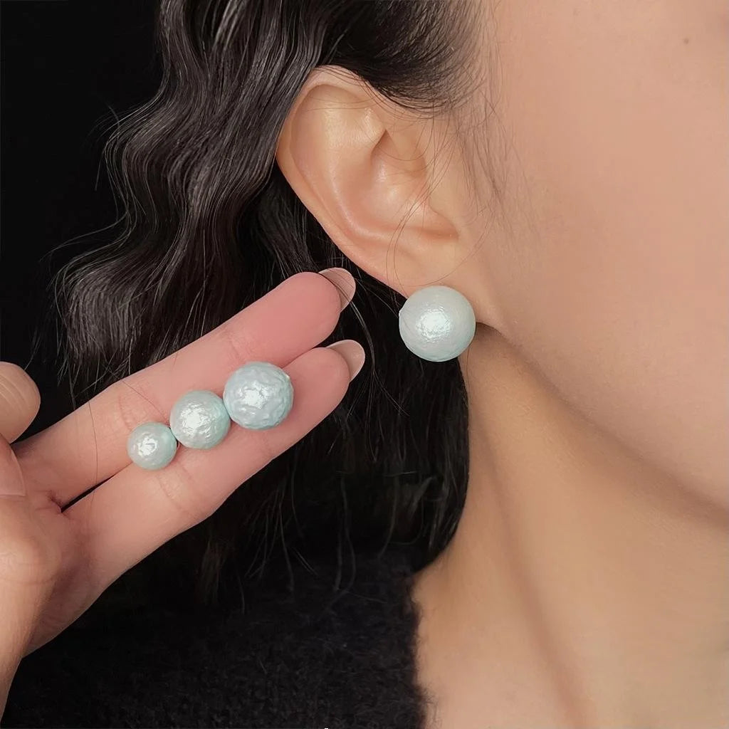 Lime Cream Snowflake Pearl Stud Earrings Round Geometric Minimalist Elegant Textured Jewelry