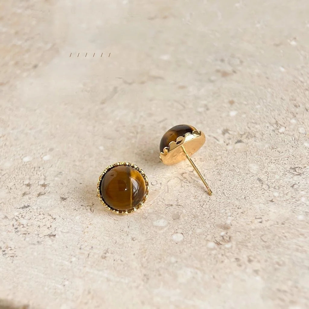 14K Gold Plated Copper Tiger Eye Round Geometric Stud Earrings For Women Minimalist Office Jewelry