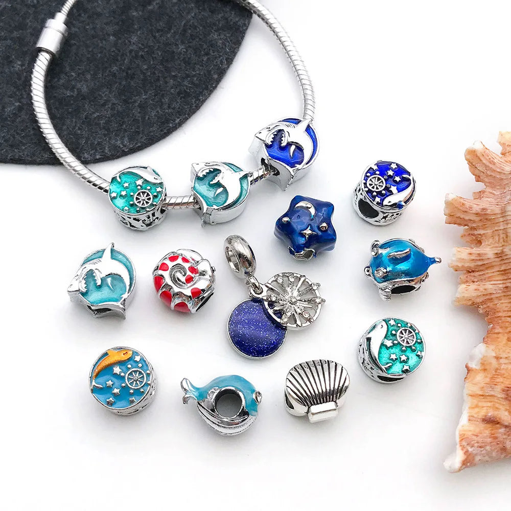 Blue Enamel Zinc Alloy Starfish Seahorse Crab Beads and Beads for DIY Bracelet