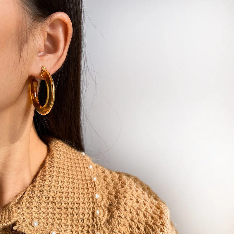 Vintage Tortoise Resin Round Hoop Alloy Stud & Clip On No Piercing C-Shaped Statement Earrings