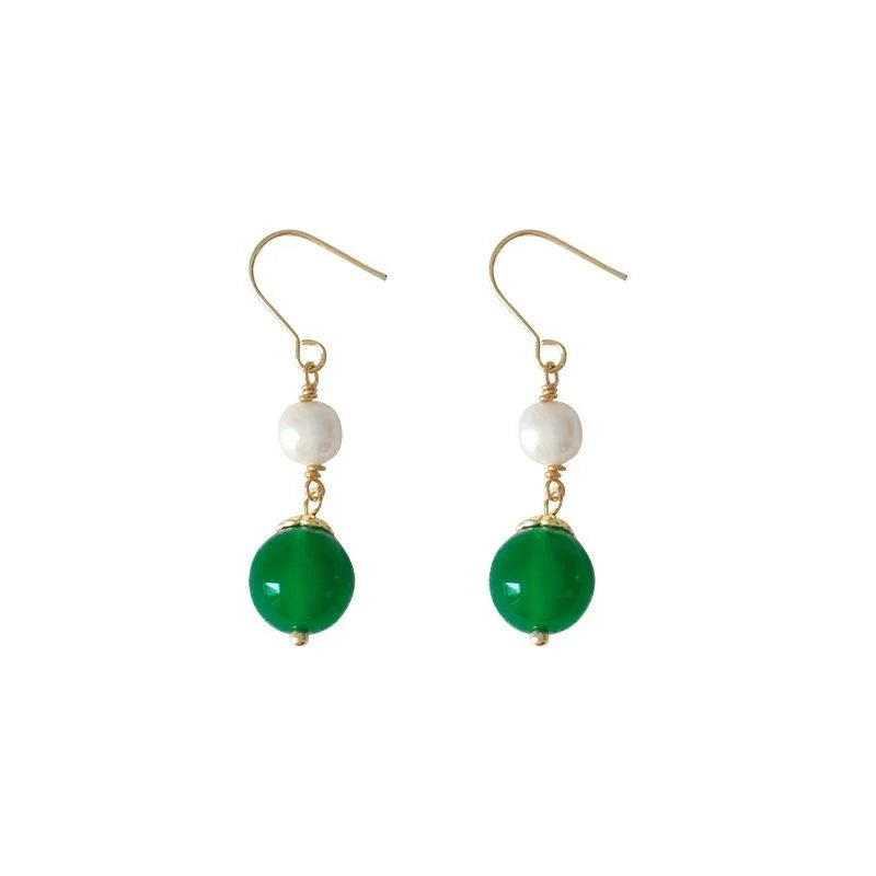Handmade Green Agate Freshwater Pearl Geometric Bean Drop Earrings Vintage Palace Style