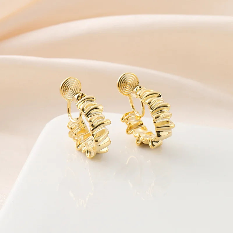Elegant Gold Alloy Wrinkled Spiral Hoop Earrings, Stud & Clip On No Piercing Croissant Metal Earrings