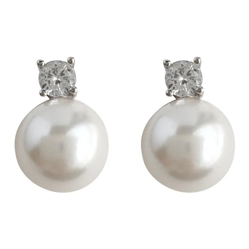 Elegant Round Light Gray Glass Pearl Micro Pave Zircon Silver Plated Stud Earrings