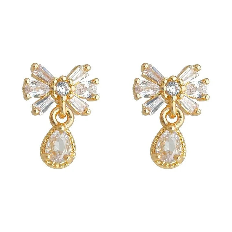 14K Gold Plated Copper Micro Pave Zircon Bowknot Water Drop Stud Earrings For Women