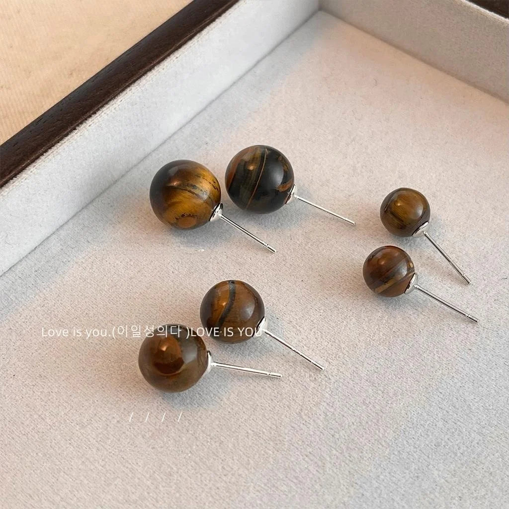 Vintage Style Tiger Eye Round Stud Earrings Amber Geometric Modern Chinese Elegant Jewelry