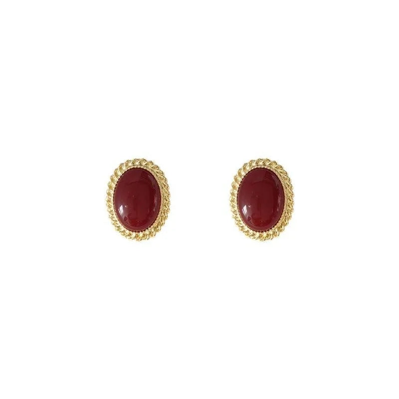 French Vintage 14K Plated Copper Oval Burgundy Geometric Stud Earrings Hong Kong Style For Women