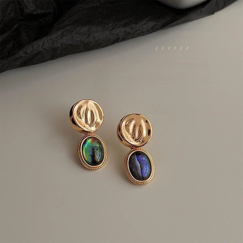 French Vintage Abalone Shell Copper Geometric Round Oval Drop Earrings Elegant Jewelry