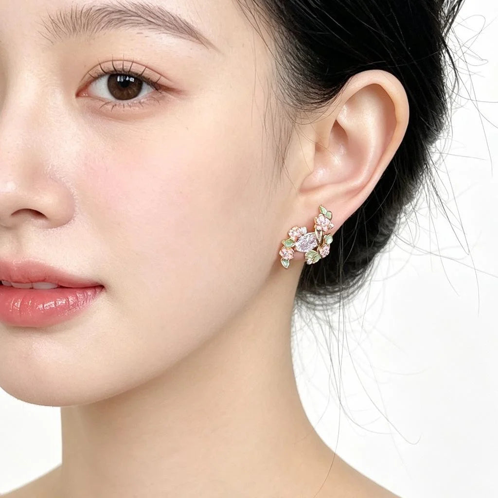 Original Floral Copper Zircon Stud Earrings Sweet Elegant Niche Designer Jewelry