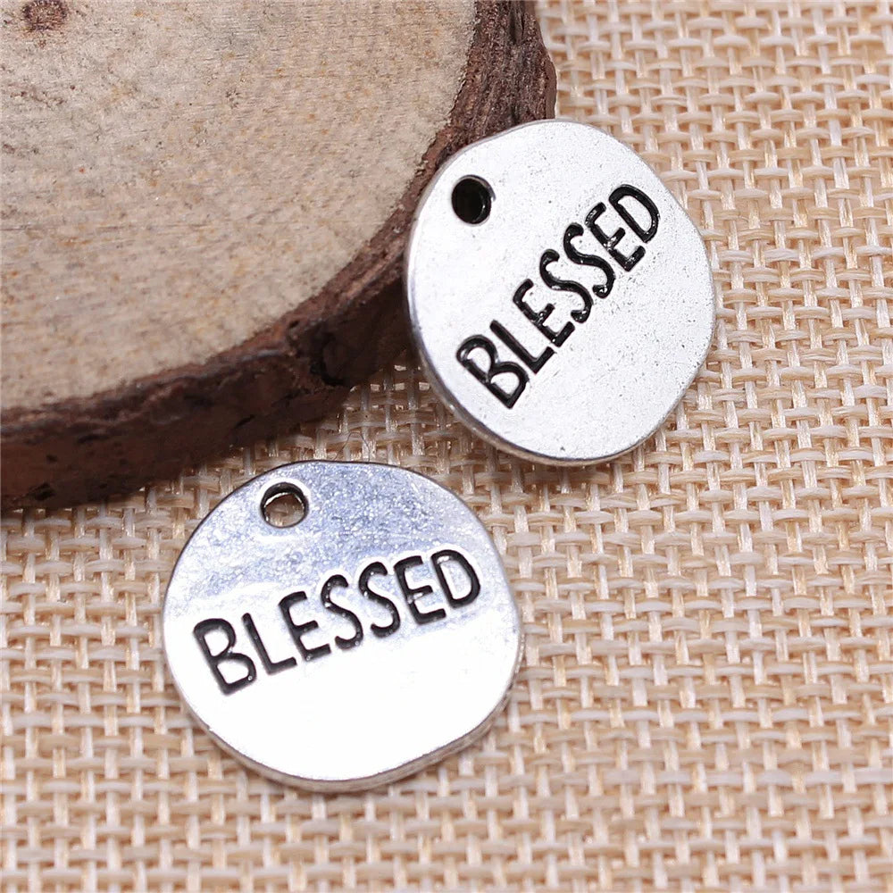 18x18mm 2.9g Antique Silver Zinc Alloy blessed Word Tag Letter Charm Pendant for DIY Bracelet Necklace