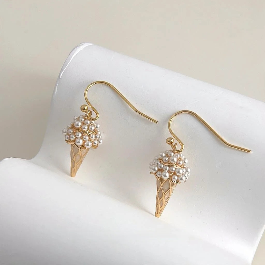 Cute Ice Cream Drop Earrings 14K Plated Copper Resin Pearl Enamel Sweet Designer Jewelry