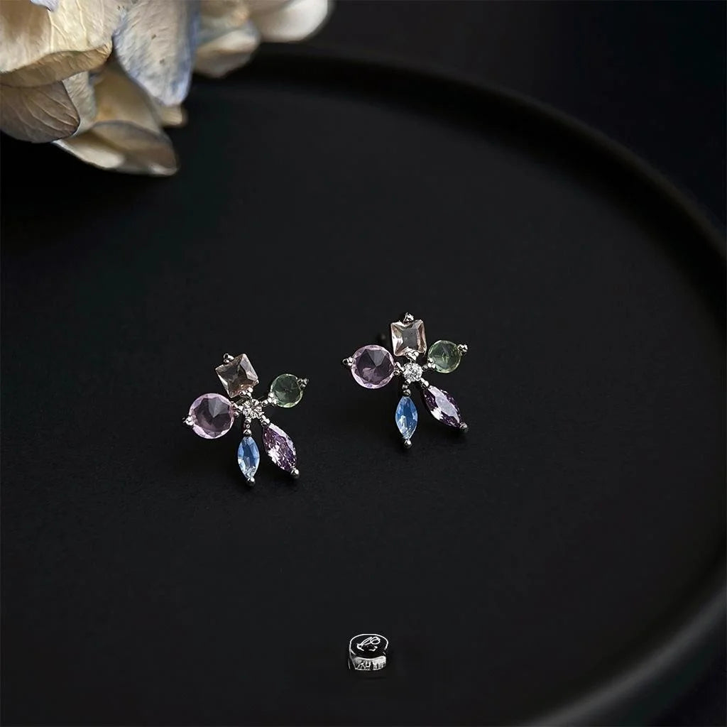 Colorful Micro Pave Zircon Flower Stud Earrings Copper Sweet Summer Jewelry