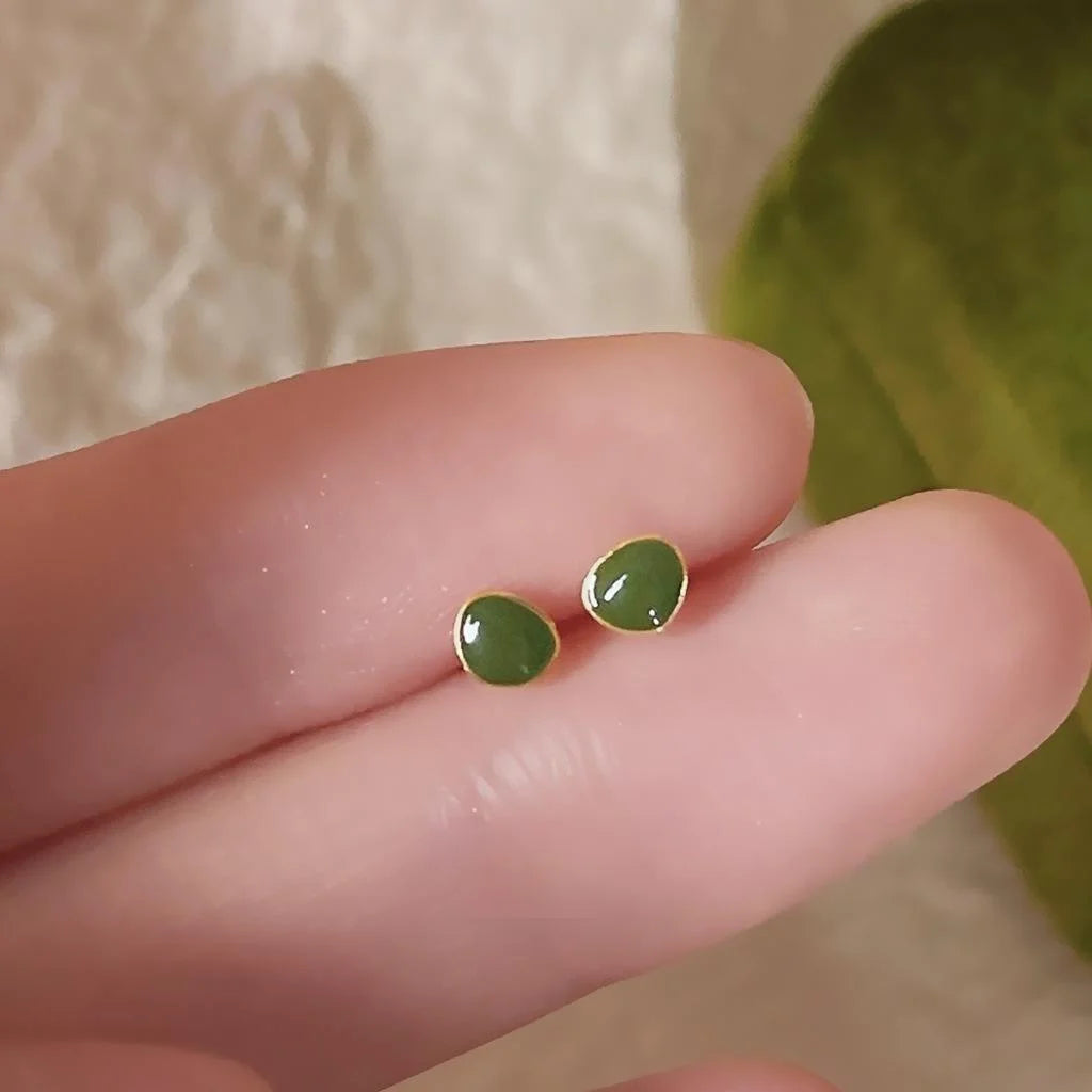 Mini 14K Gold Plated Copper Green Enamel Bean Stud Earrings Minimalist Daily Wear