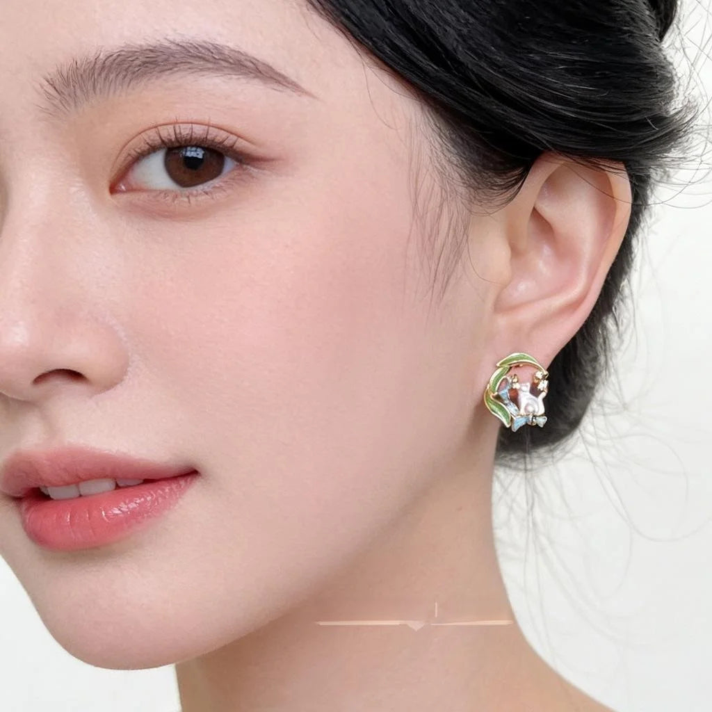 Cute Cat And Orchid Painted Micro Pave Zircon Copper Stud Earrings With Silver Plated Pins