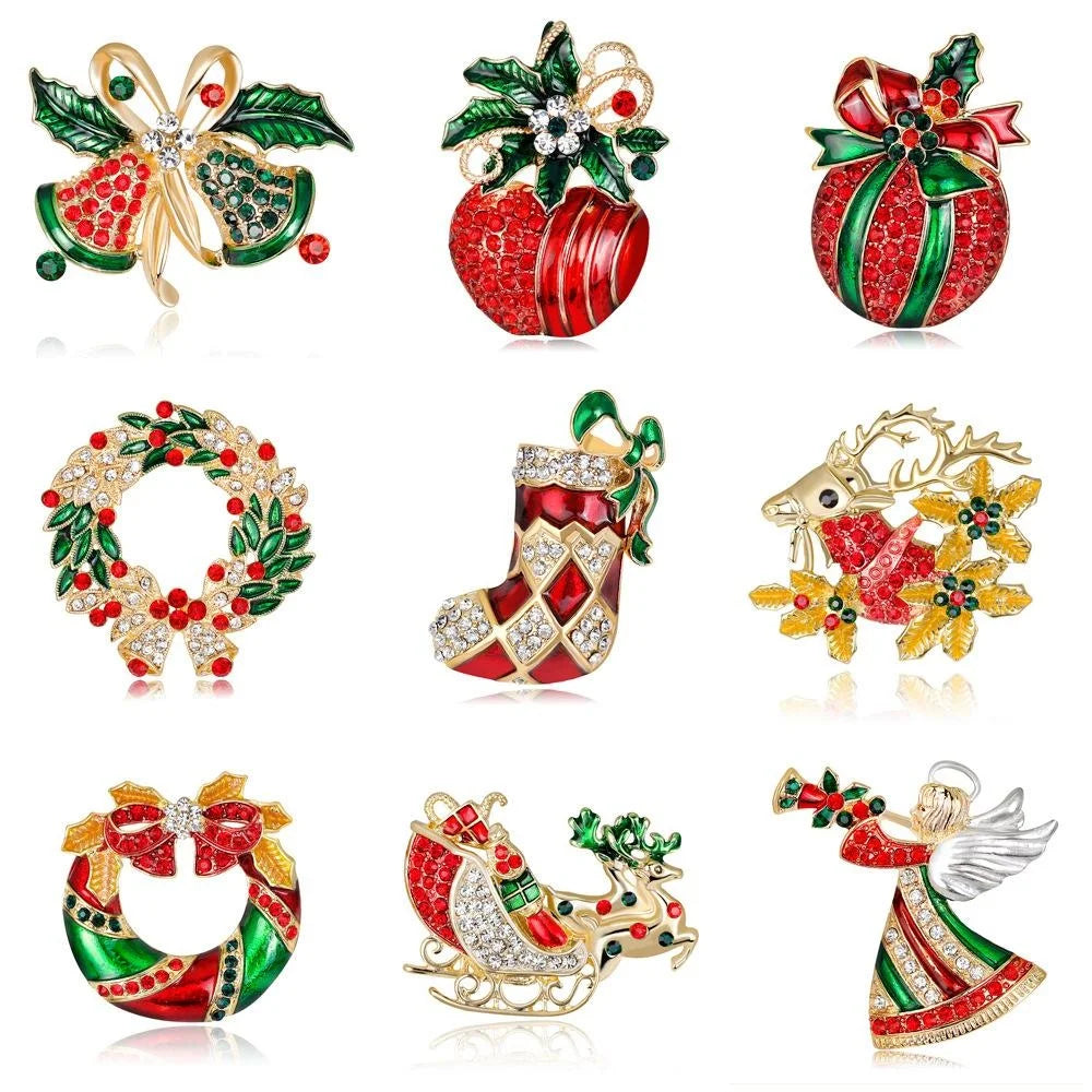 Luxury Christmas Enamel Rhinestone Brooch With Reindeer Bell Wreath Boot, Festive Lapel Pin Gift