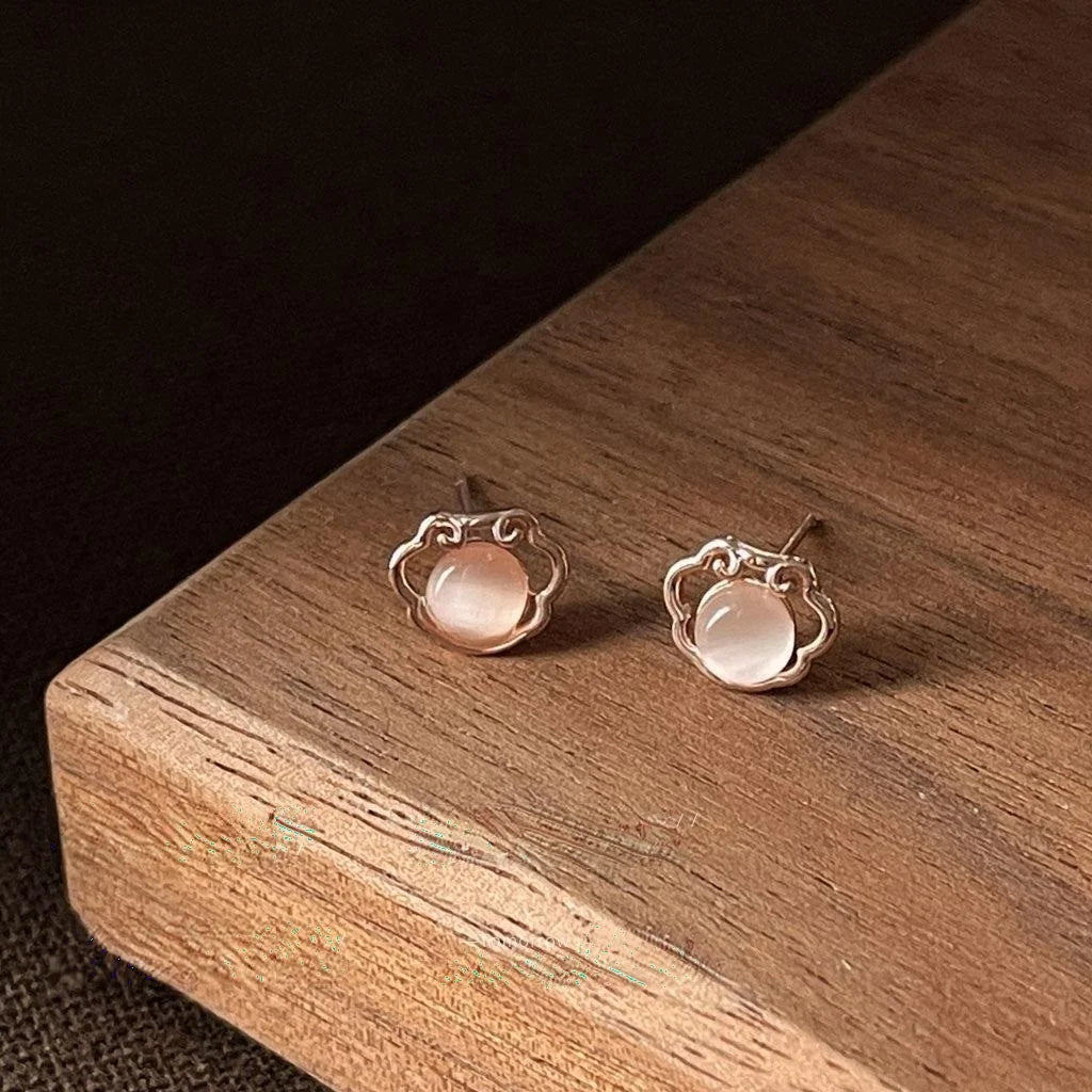 Chinese Style Mini Rose Gold Copper Ruyi Longevity Lock Glass Cat Eye Stone Stud Earrings