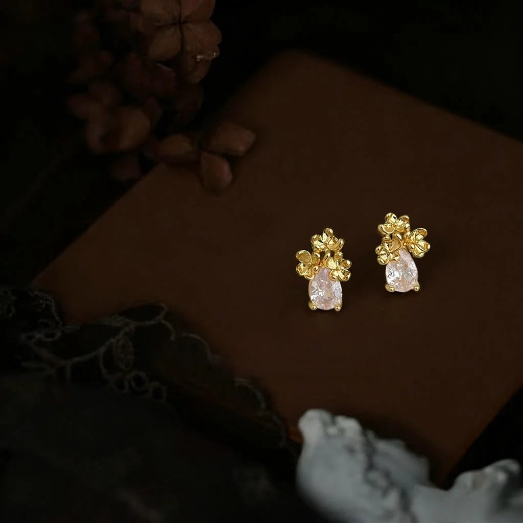 Mini Osmanthus Flower Stud Earrings Copper Zircon Teardrop Simple Modern Light Luxury Jewelry