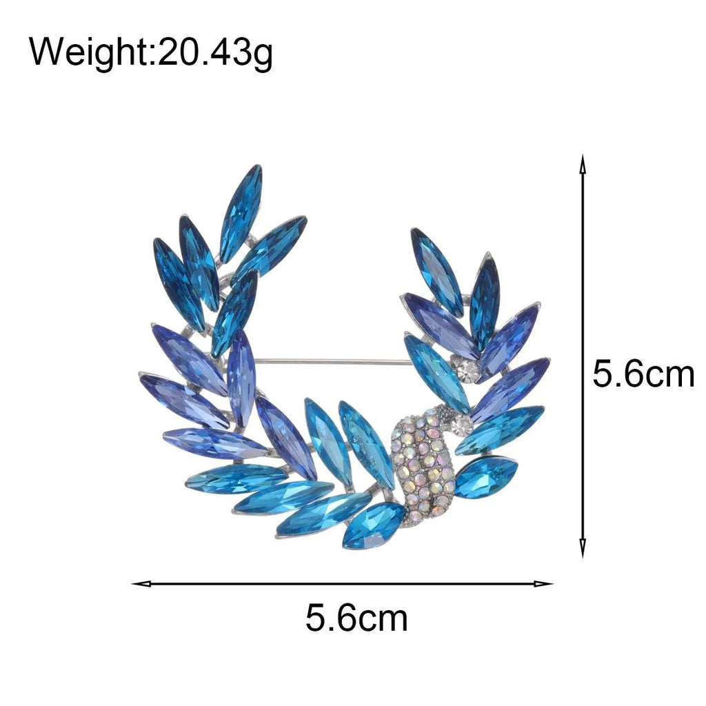 Elegant Blue Crystal Wheat Leaf Brooch With Rhinestone Accent, Luxury Alloy Lapel Pin Corsage Gift