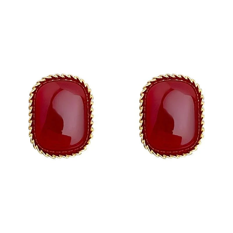 Vintage Hong Kong Style Burgundy Geometric Copper Stud Earrings