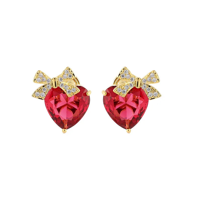 Elegant Red Heart Crystal Zircon Bowknot Alloy Stud & Clip On No Piercing Sweet Luxury Earrings