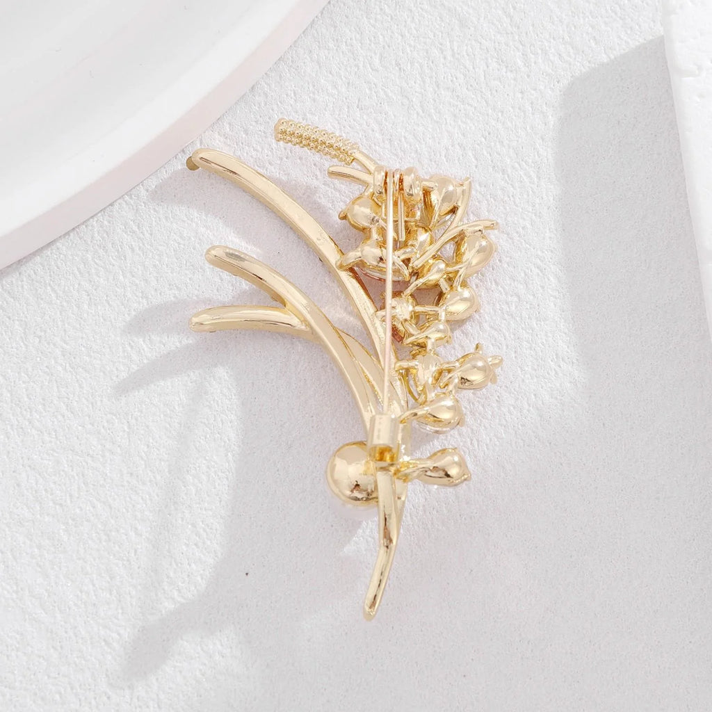 Elegant Wheat Ear Flower Brooch With Rhinestone Crystal Pearl, Gold Alloy Lapel Pin Corsage Suit Accessory