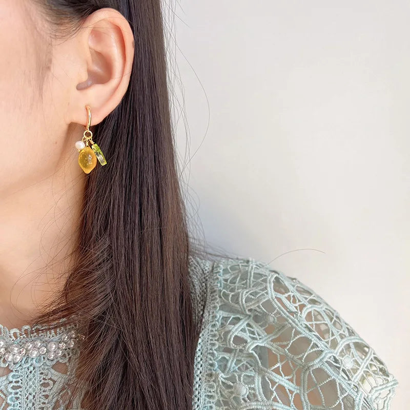 Elegant Lemon Fruit Green Leaf Crystal Pearl Alloy Stud & Clip On No Piercing Dangle Drop Earrings
