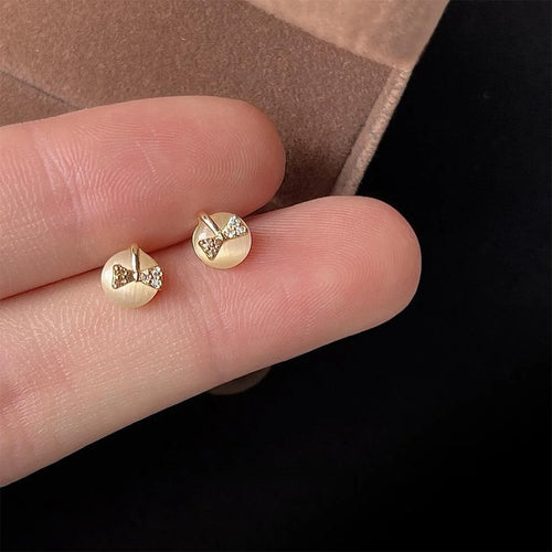 French Style Copper Glass Cat Eye Bow Stud Earrings Mini Round Geometric Fashion Jewelry