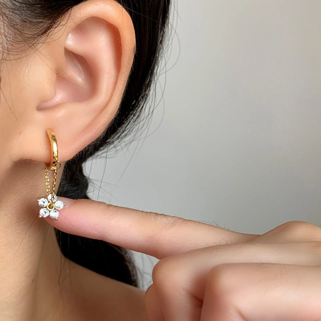 Elegant Zircon Flower Chain Tassel Hoop Ear Cuff Stud & Clip On No Piercing Gold Alloy Earrings