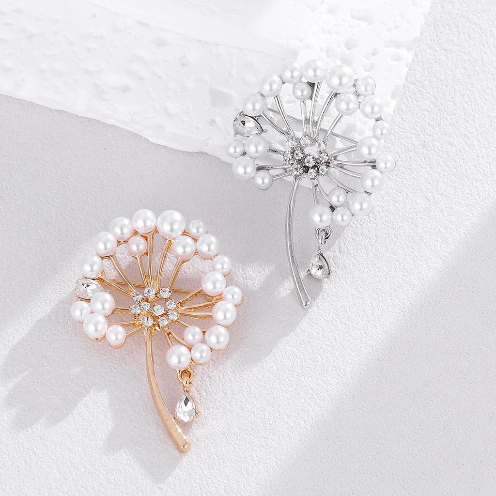 Elegant Dandelion Flower Brooch With Faux Pearls And Rhinestone Zircon, Women's Lapel Pin Corsage Gift