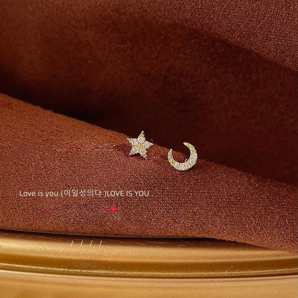 Mini 14K Gold Plated Copper Star Moon Zircon Stud Earrings, Minimalist Tiny Jewelry