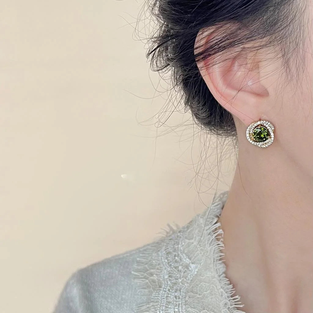 French Vintage Olive Green Micro Pave Zircon Stud Earrings Round Geometric Woven Design