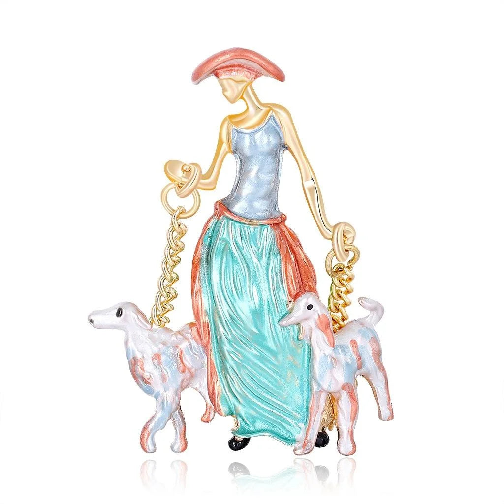 Elegant Enamel Alloy Lady Walking Dogs Brooch, Cute Painted Girl Lapel Pin Corsage Suit Accessory Gift