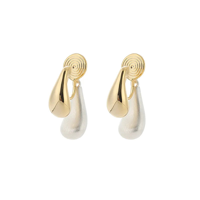 Elegant Minimalist Two Tone Alloy Teardrop Brushed Silver Gold Stud & Clip On No Piercing Earrings