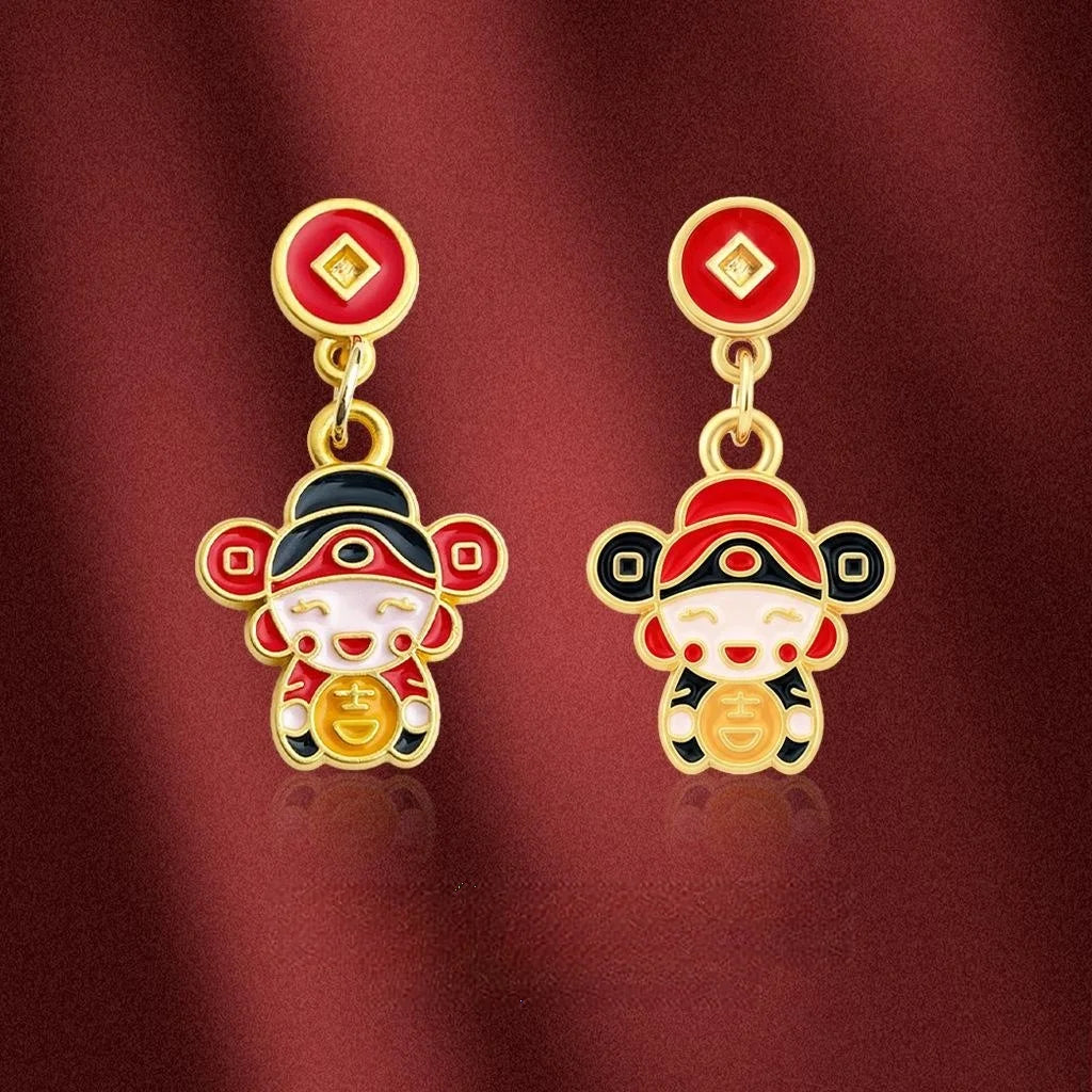 Asymmetric Hand Painted Enamel Copper God Of Wealth Doll Drop Earrings Chinese Ethnic Style