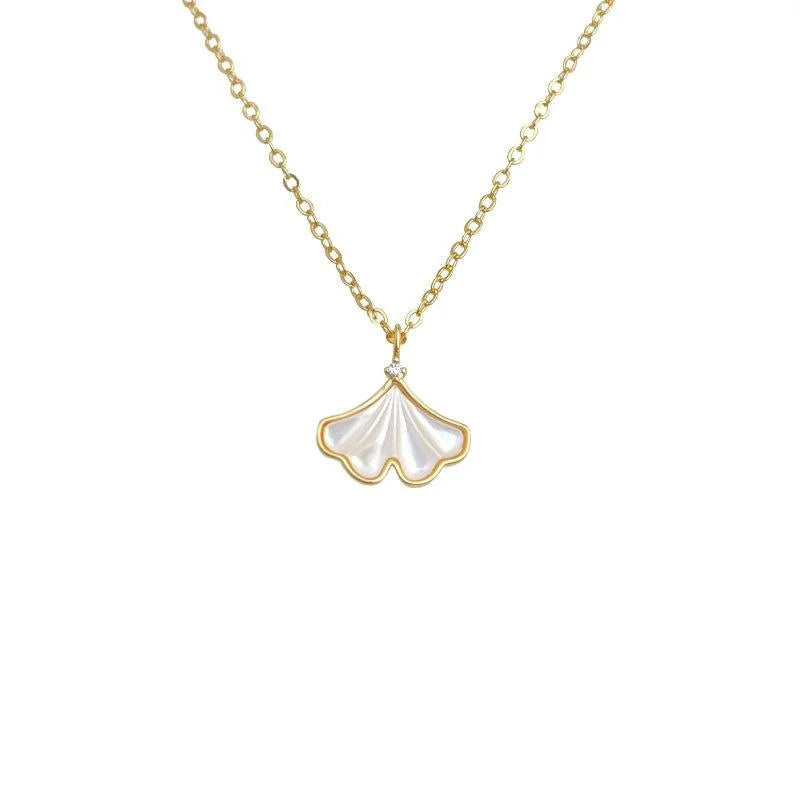 Tarnish Resistant 18K Gold Plated Copper Mother Of Pearl Ginkgo Leaf Luxury Necklace