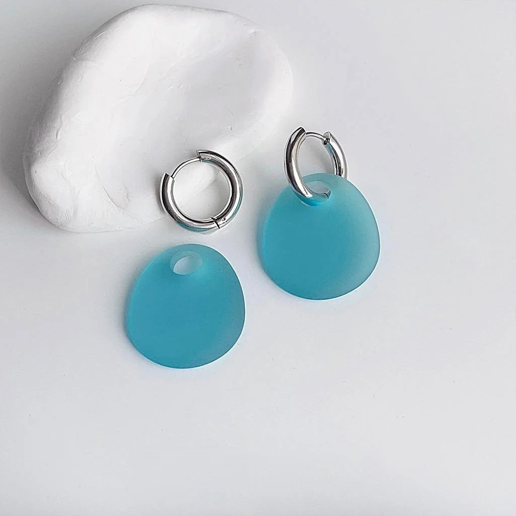 Sweet Sea Blue Frosted Acrylic Geometric Oval Drop Earrings Two Way Summer Jewelry