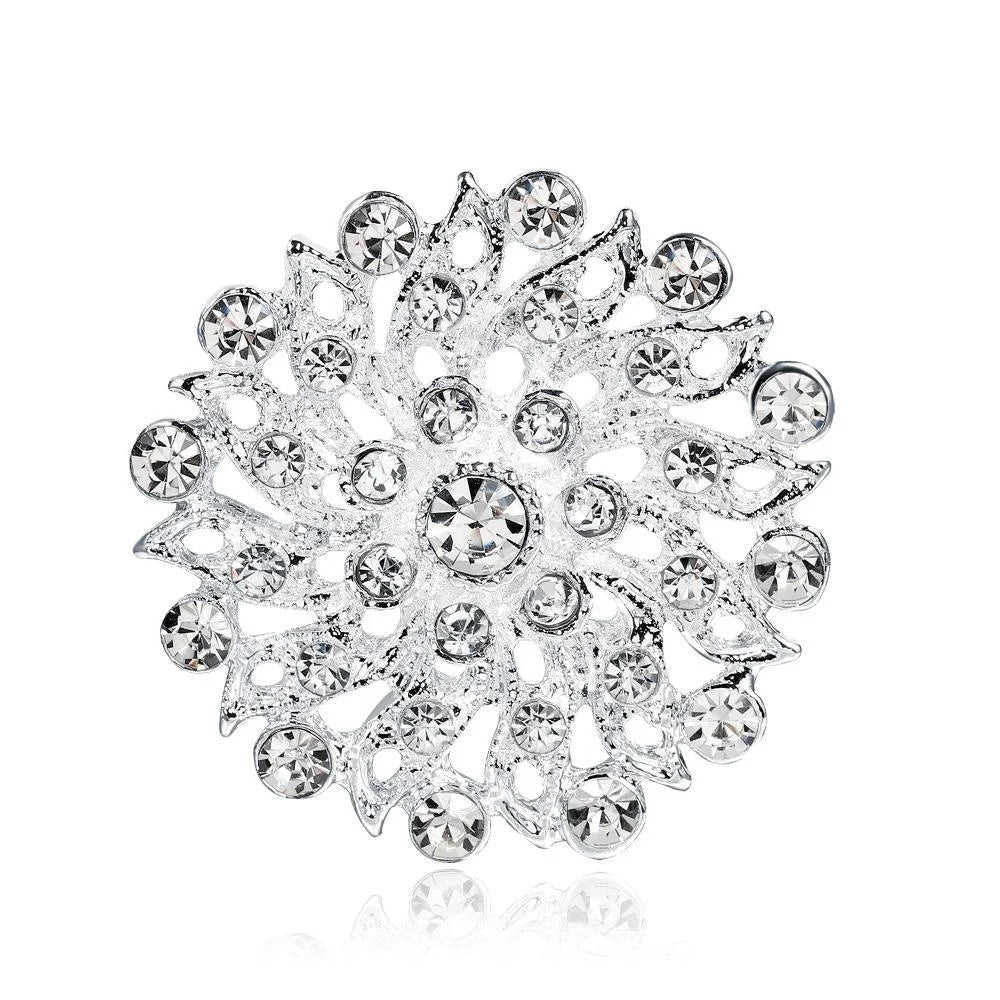 Elegant Silver Alloy Rhinestone Hollow Heart Flower Brooch For Women Lapel Pin Corsage Suit Accessory