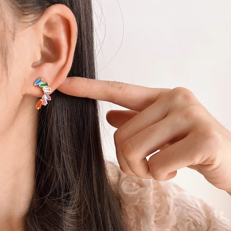 Elegant Geometric Rainbow Baguette Zircon Ear Crawler Stud & Clip On No Piercing Colorful Alloy Earrings