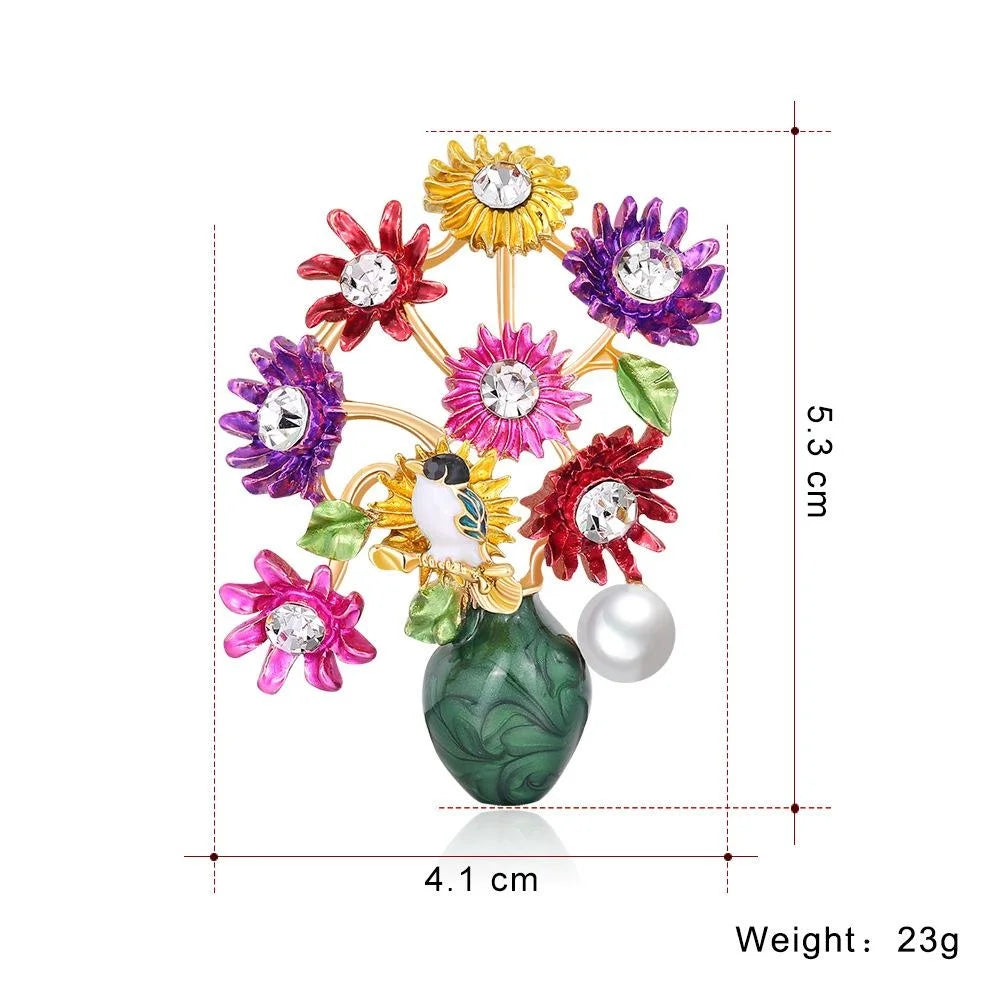 Elegant Enamel Daisy Bouquet Vase Brooch With Rhinestones And Pearl, Alloy Floral Lapel Pin Suit Accessory Gift