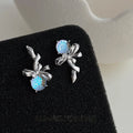Sweet Cool Asymmetric Bow Liquid Rose Stud Earrings Copper Zircon Glass Floral Jewelry