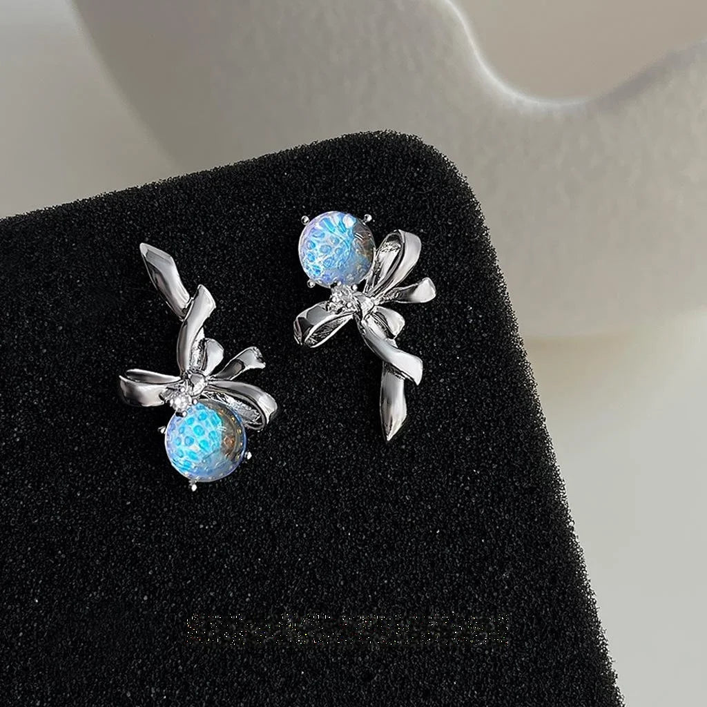 Sweet Cool Asymmetric Bow Liquid Rose Stud Earrings Copper Zircon Glass Floral Jewelry