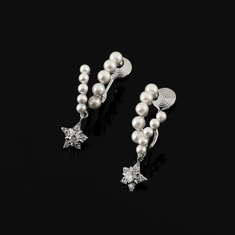 Elegant Pearl Meteor Star Drop Stud & Clip On No Piercing Alloy Rhinestone Spiral Ear Cuff Earrings