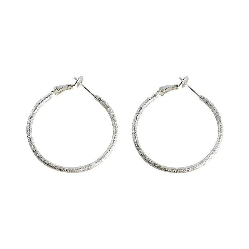 Silver Sand Finish Copper Hoop Drop Earrings, Minimalist Geometric Fashion Jewelry