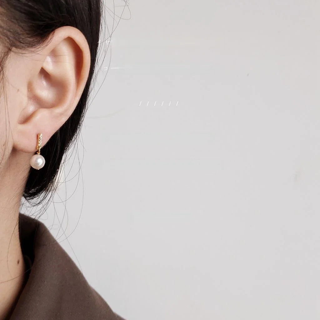 Mini Freshwater Pearl Zircon Geometric Stud Earrings With 14K Plated