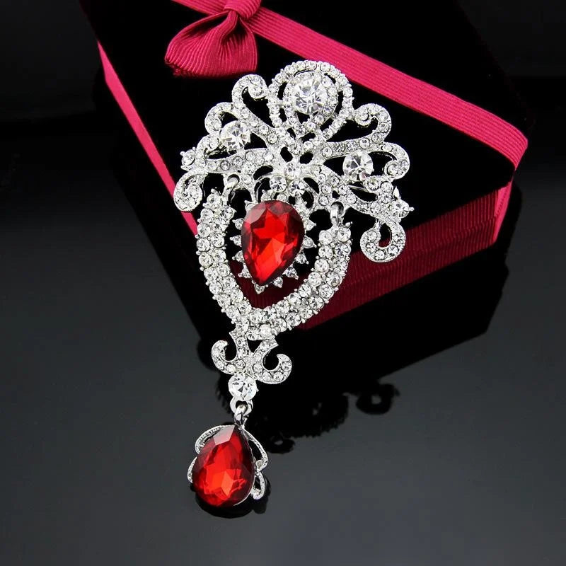 Elegant Crown Crystal Rhinestone Brooch With Teardrop Pendant, Luxury Lapel Pin Corsage Suit Accessory