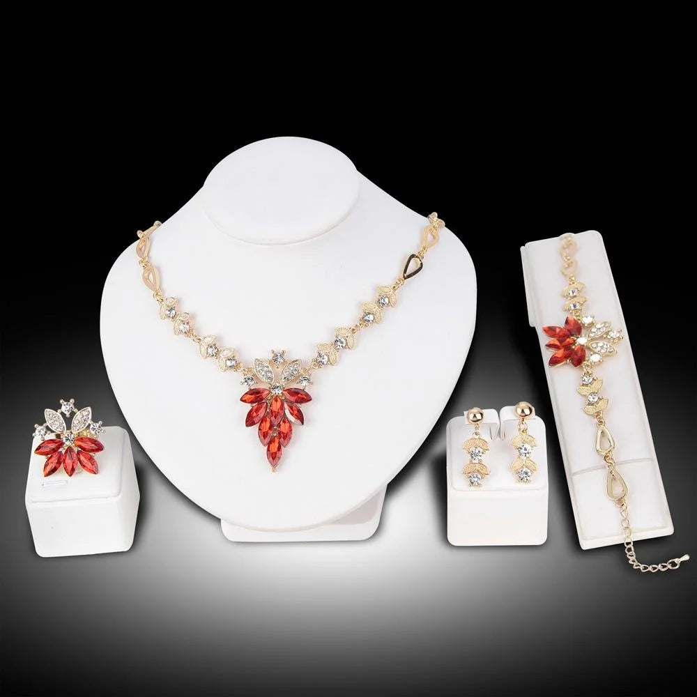 Luxury Red Crystal Rhinestone Leaf Flower Alloy Jewelry Set For Women Wedding Party Banquet Gift